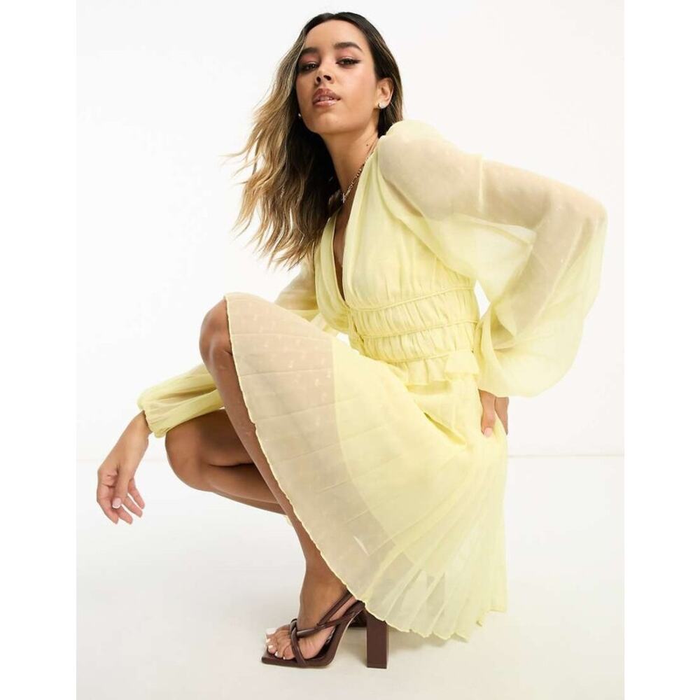ASOS DESIGN Women's Button Through Ruched Waist Pleated Mini Dress Size 8 - Picture 2 of 11